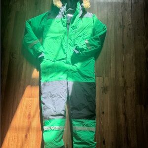 Green and black Insulated Snowsuit with Fur Hood